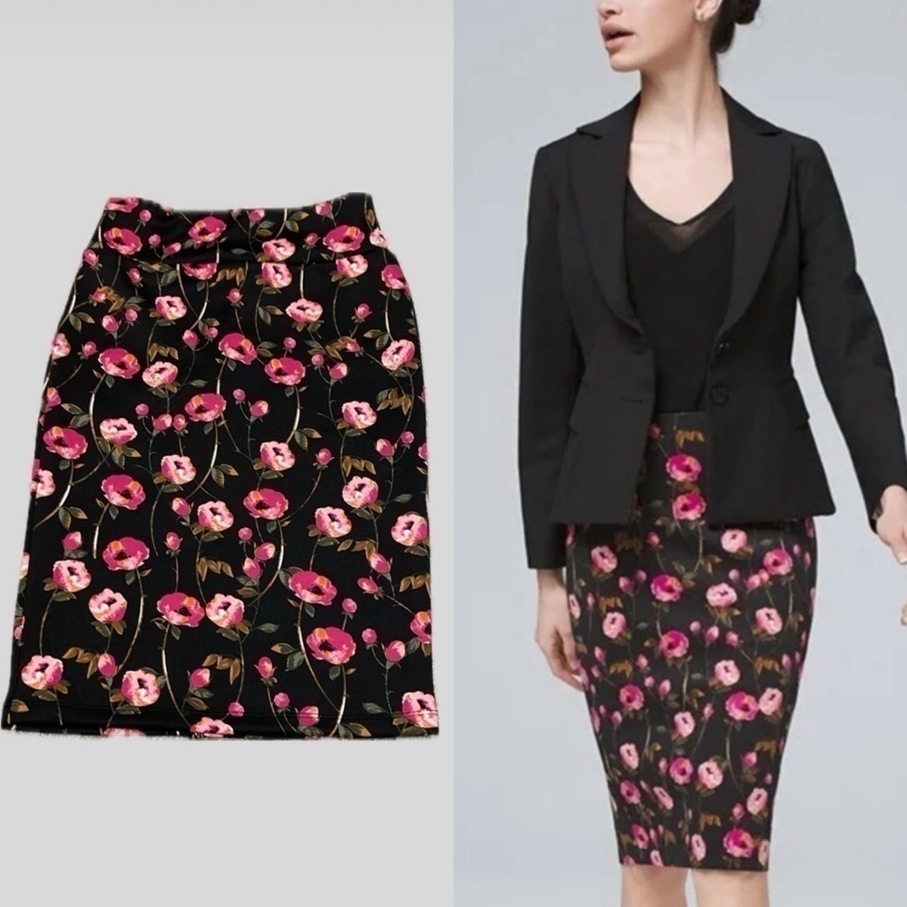 Tahari Women’s Midi Skirt XS Black Pink Floral Fitted Bodycon Business Causal